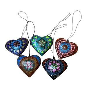 Set of 5 Handmade Alebrije Hearts Wood Mini Hanging Ornaments 1.5”